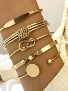 5pcs/set Bangle, Minimalist Geometric Round Glossy Alloy Bangle Bracelet, Retro Trendy Knotted Open Cuff