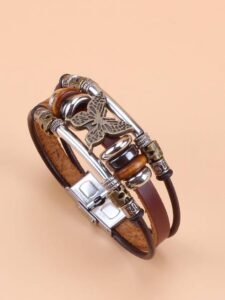 Women's Tribal PU Leather Bracelet - Boho Butterfly Beaded Design with Adjustable Stainless Steel Clasp - 