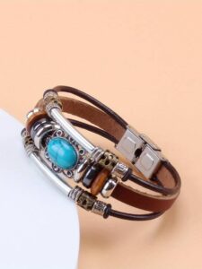 Women's Vintage Style Bracelet - Turquoise Beaded PU Leather with Stainless Steel Buckle - All Season W