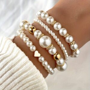 T&C
4pcs White Faux Pearls Beads Beaded Bracelet Set Elegant Handmade Hand String Jewelry Accessory