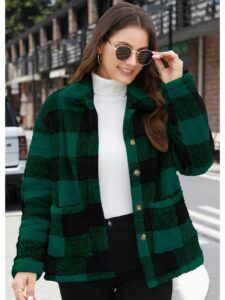 T&C Plaid Print Patched Pockets Teddy Coat