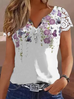 T&C Women'S Floral Print V-Neck T-Shirt