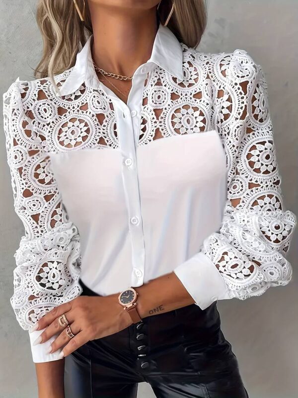 T&C Elegant Women'S Long Sleeve White Lace Blouse with Floral Patterns