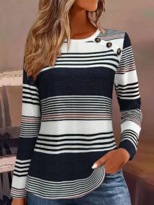 Women's Elegant Casual Button-Front Striped Long Sleeve T-Shirt - Summer Round Neck Top 