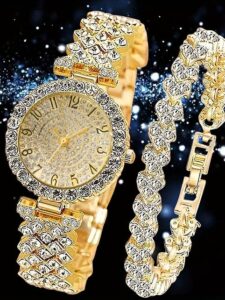 2pcs Elegant Rhinestone Watch Stainless Steel Fashion Minimalist Luxury Full Rhinestone Bracelet 