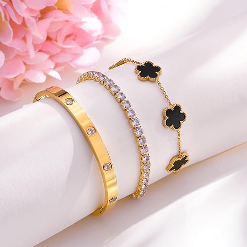 Mothers Day Gifts for Mom Gold Bracelets for Women Waterproof, 14K Gold Plated Jewelry Sets Trendy Thin Dainty Stackable Cuban Link Paperclip Chain Bracelet Pack Fashion Accessories Gifts for Womens
