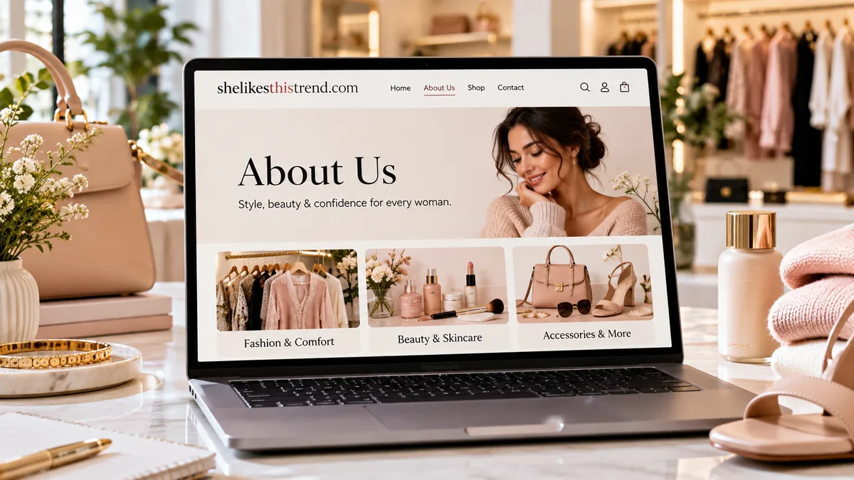 Modern laptop displaying the She Likes This Trend About Us page, surrounded by women's fashion, beauty products, handbags, and accessories.