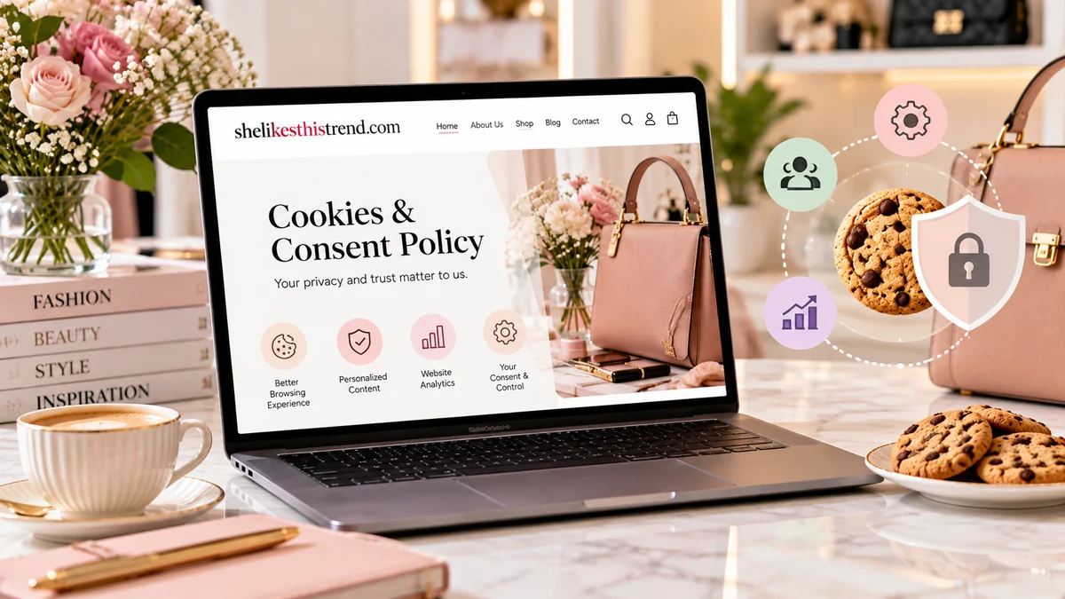 Laptop displaying the Cookies & Consent Policy page of She Likes This Trend, surrounded by fashion accessories, cookies, and privacy symbols.
