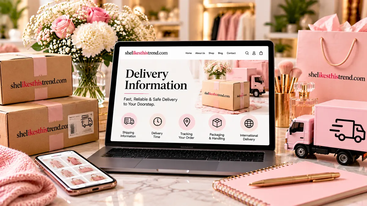 Laptop displaying the Delivery Information page of She Likes This Trend, surrounded by shipping boxes, flowers, a delivery truck, and fashion accessories.