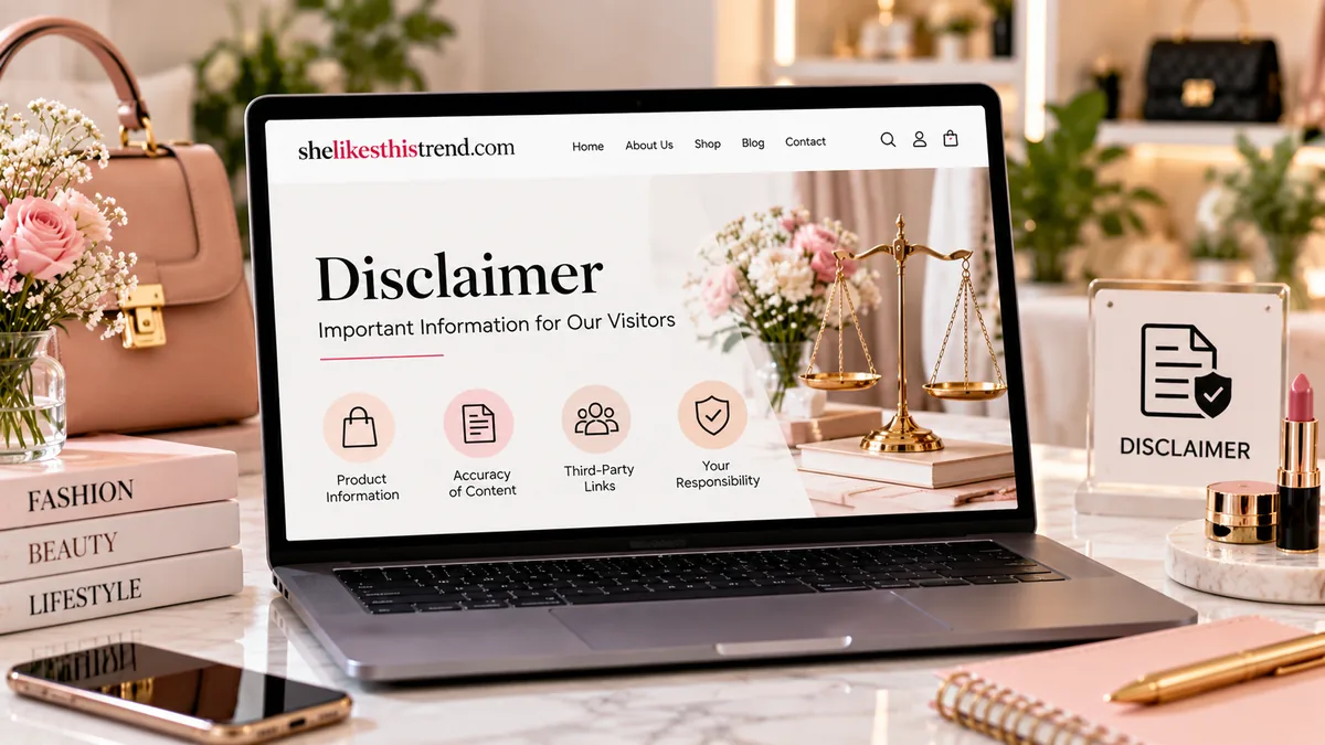 Laptop displaying the Disclaimer page of She Likes This Trend, surrounded by fashion accessories, beauty products, and legal information symbols.