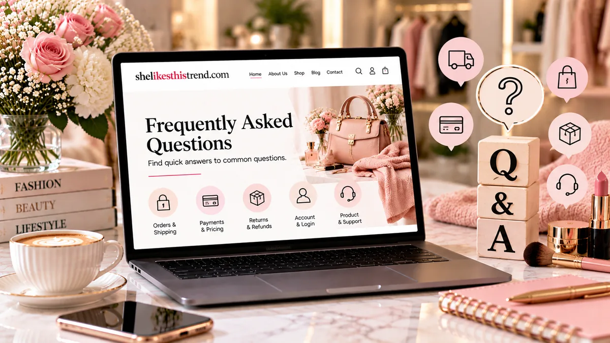 Laptop displaying the Frequently Asked Questions page of She Likes This Trend, featuring shopping, payment, shipping, returns, and customer support symbols.