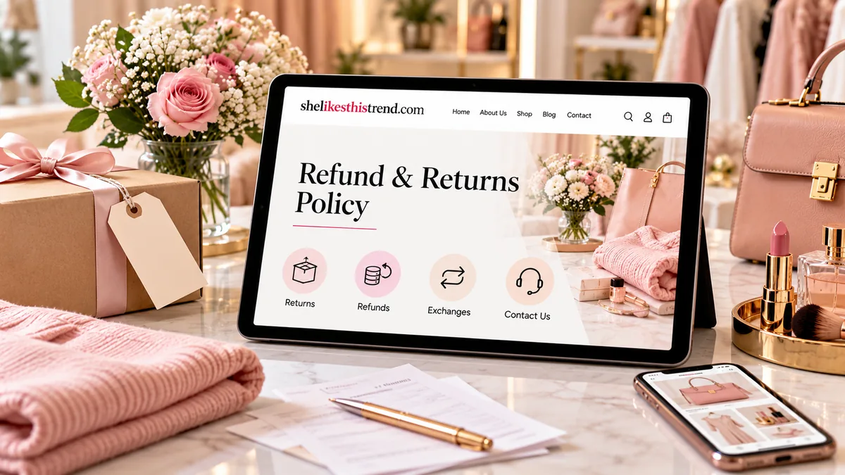 Tablet displaying the Refund and Returns Policy page of She Likes This Trend, surrounded by fashion accessories, shopping packages, flowers, and beauty products.