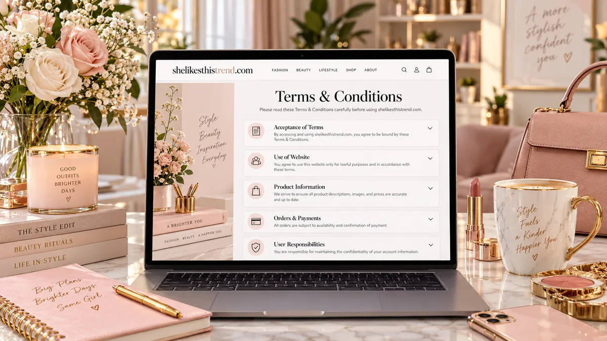 Laptop displaying the Terms & Conditions page of She Likes This Trend, surrounded by fashion accessories, flowers, and beauty products.
